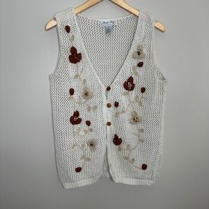 Private Party Women's Crochet Knit Vest Cardigan Beige Brown Floral Size‎ L